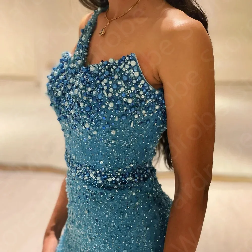 Latest Blue Evening Dresses Sequined Glitter Prom Party Gown 2024 One Shoulder Pearls Wedding Guest Gowns Sweep Train Sleeveless