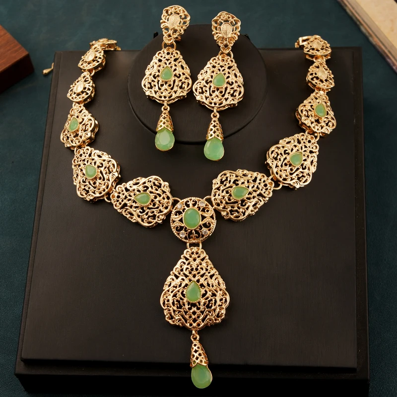 Herseygold Moroccan Trendy Neckace Set for Women Green Rhinestone Gold Plated  Zinc Alloy Bridal Jewelry Set Ethnic Wedding