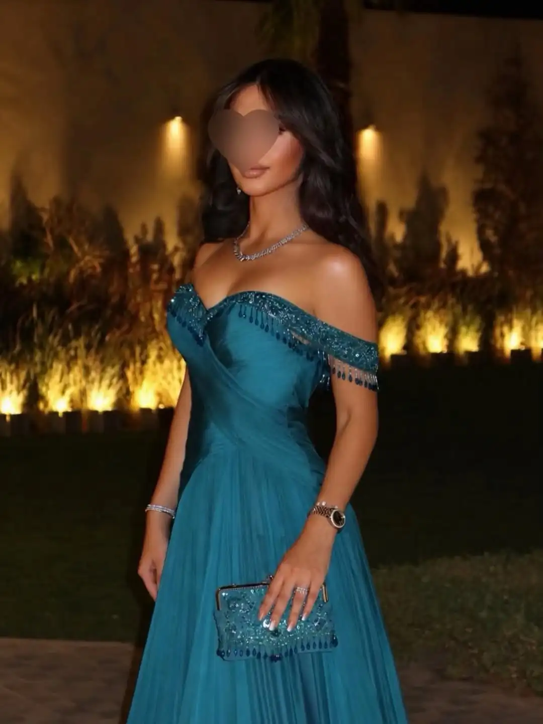 LumiGown Off Shoulder Teal Evening Dress Heavy Beaded Fringe Formal Gown Pleated Tulle Long Train Wedding Guest Party Dress Cus