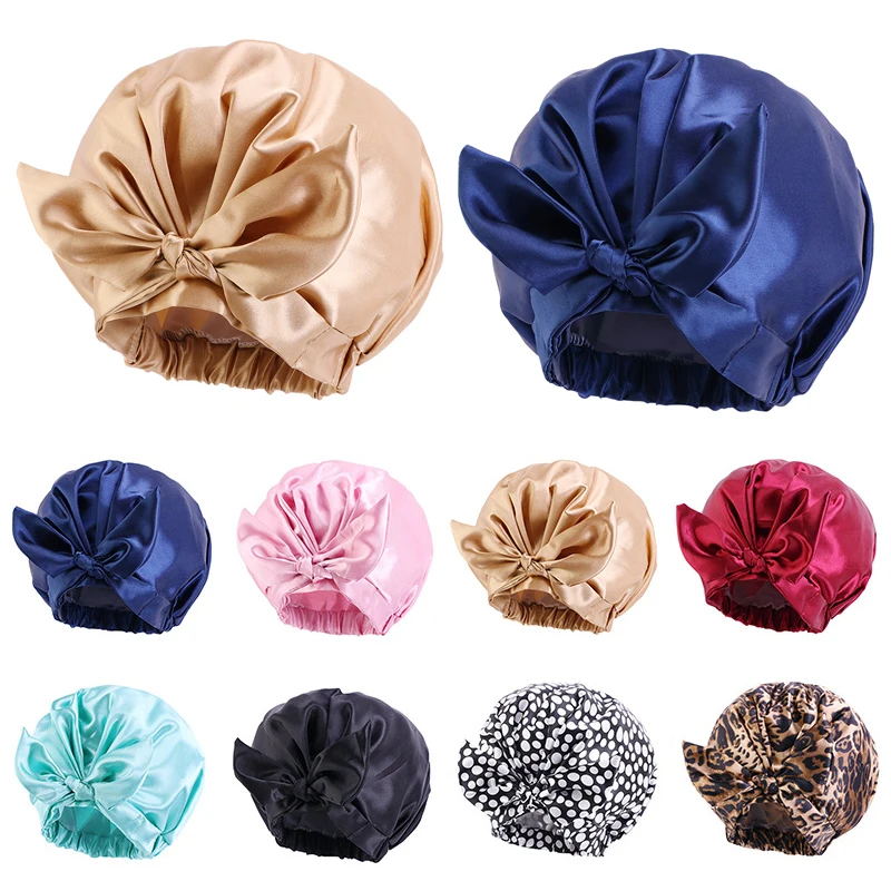 Gorro de ducha de lujo para mujer, gorro de baño impermeable reutilizable con lazo ajustable