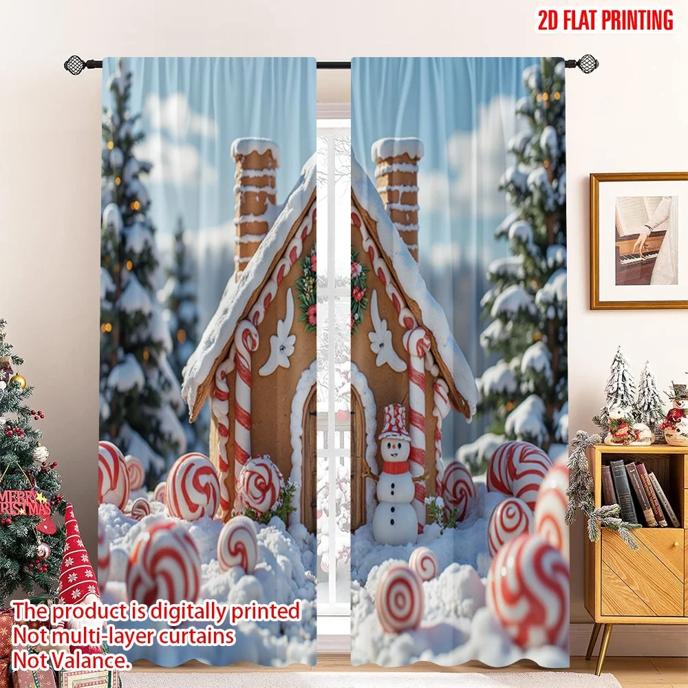 

2pcs 2D flat printing Merry Christmas Popular Curtains Christmas Gingerbread House Snow Scene 100% Polyester Without Electricity