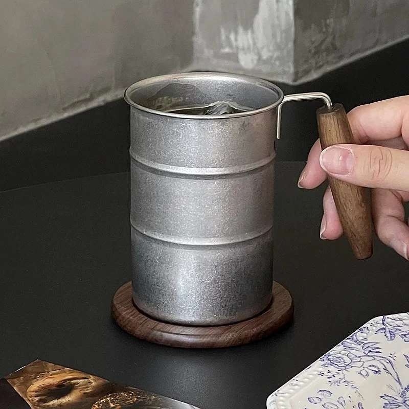 Wood Handle Camping Mug Vintage Industrial Stainless Steel Drinkware Iced Americano Coffee Cup Outdoor Travel Drinking Vessel