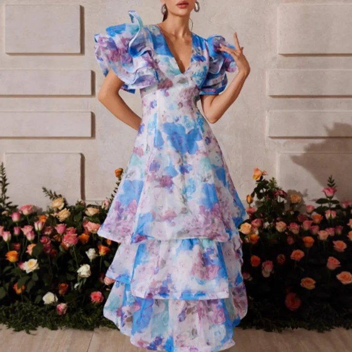 2025 جديد Ladylike الثقيلة العمل الخامس الرقبة ثوب مسائي كعكة تنورة تصميم مطبوعة تكدرت كم فستان طويل #5