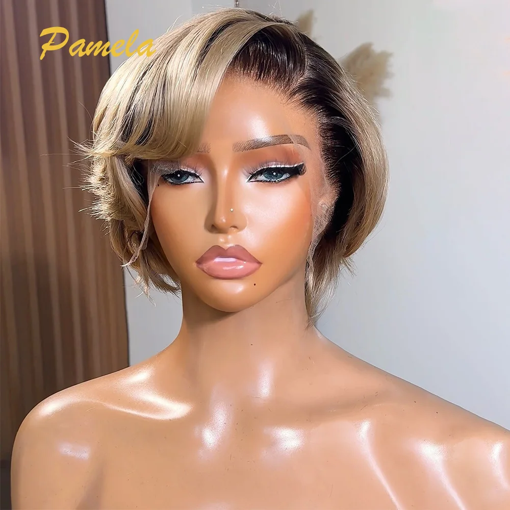 

613 Медовый блондин, стрижка пикси, прямая боковая часть, парик из человеческих волос 13x4, короткий боб HD, прозрачный парик из натуральных волос на кружеве для женщин