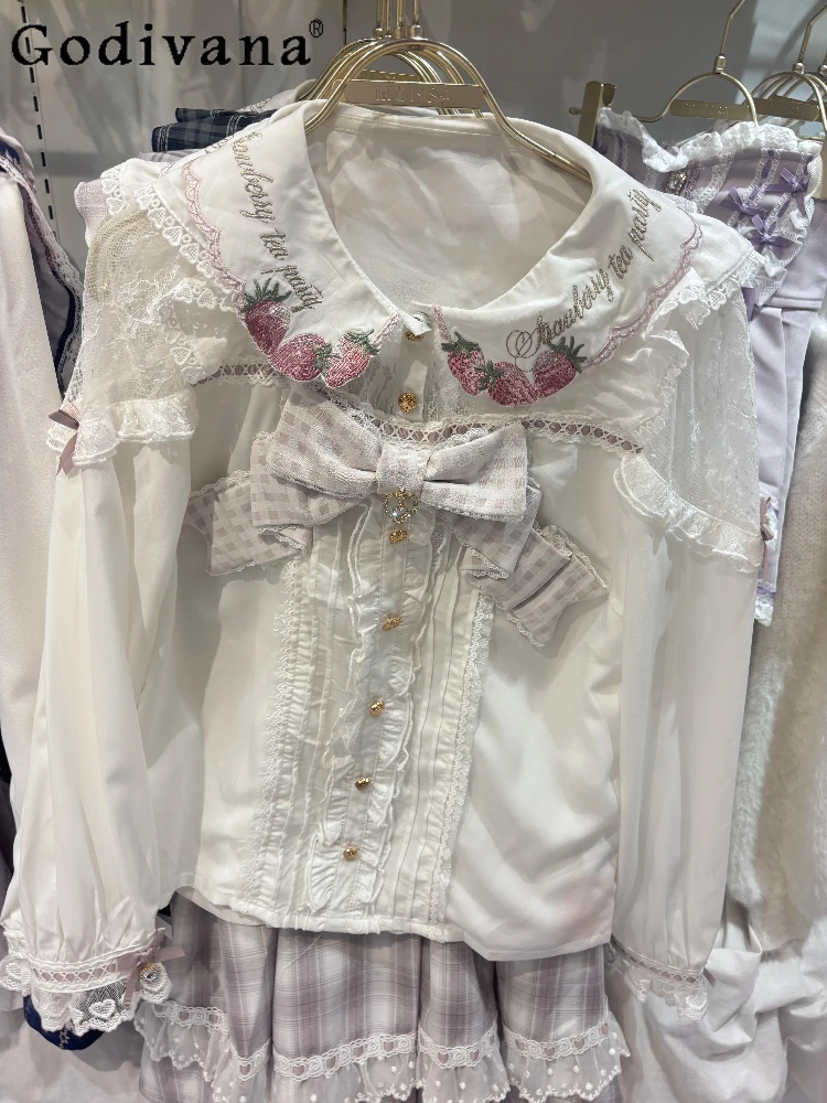 

Japanese Liz Mass-produced Sweet Lolita Strawberry Shirt Cute Girl's Long-sleeved Elegant Princess Blouse Top Spring Summer New