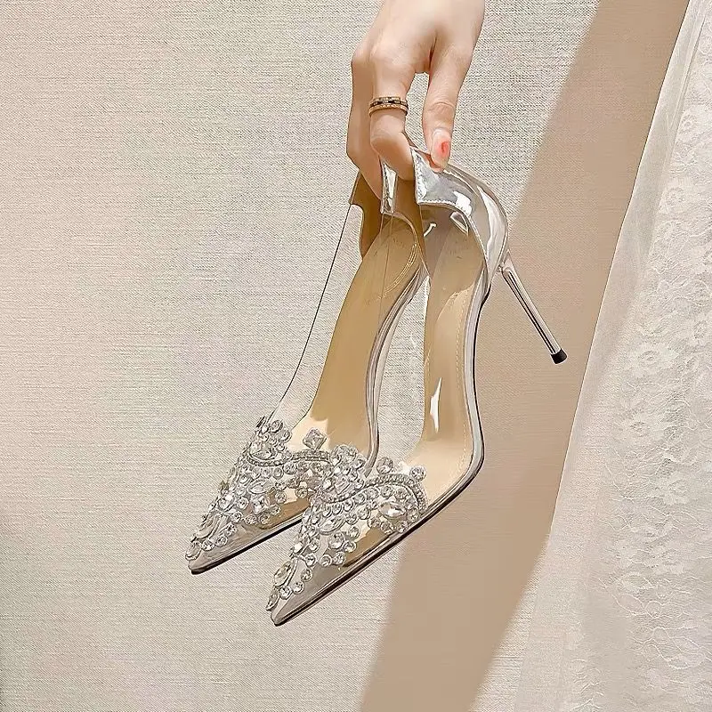 Women Single Shoes New Korean Transparent High Heel Pointed Toe Shoe Rhinestone Champagne Bridesmaid Dress Wedding Shoes туфли