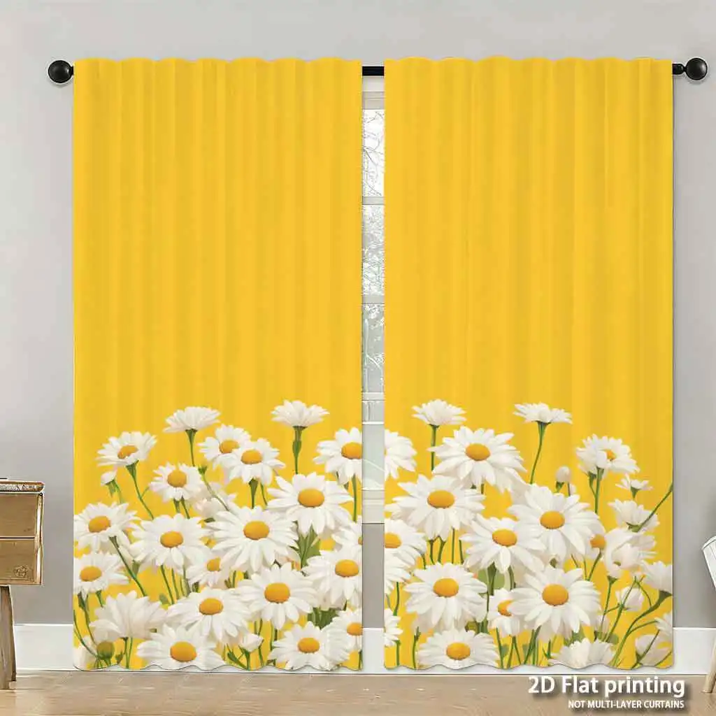 Yellow Floral Pattern Curtains for Living Room Window Decoration Bright Daisy Print Home Drapes Curtain Panels