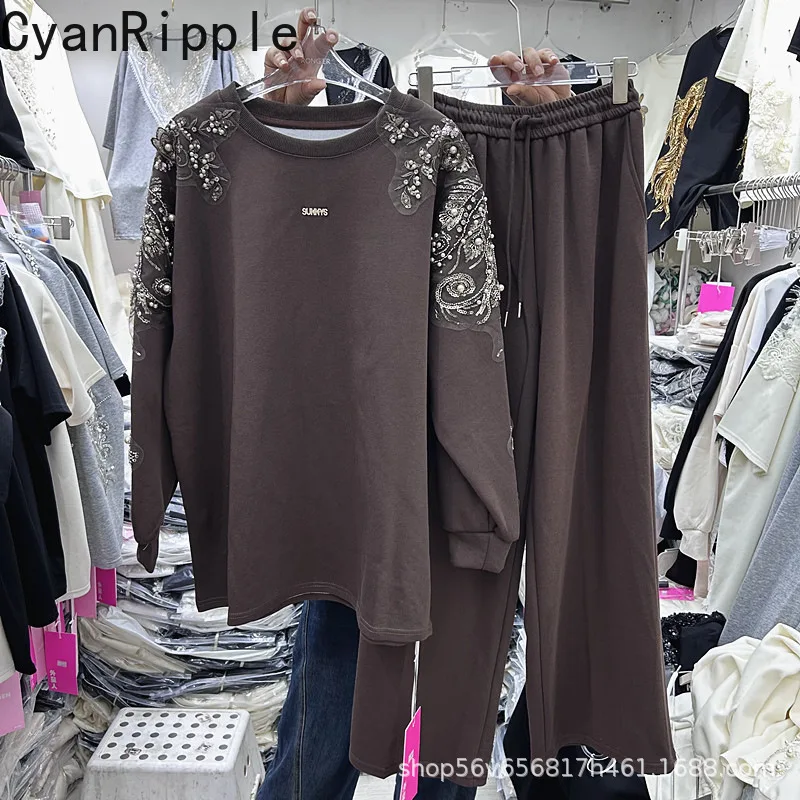 

2026 New Spring Women Two-piece Set Sequins Beads Loose Long Sleeve Pullover Top + Elastic Waist Wide Leg Straight Pants Suits