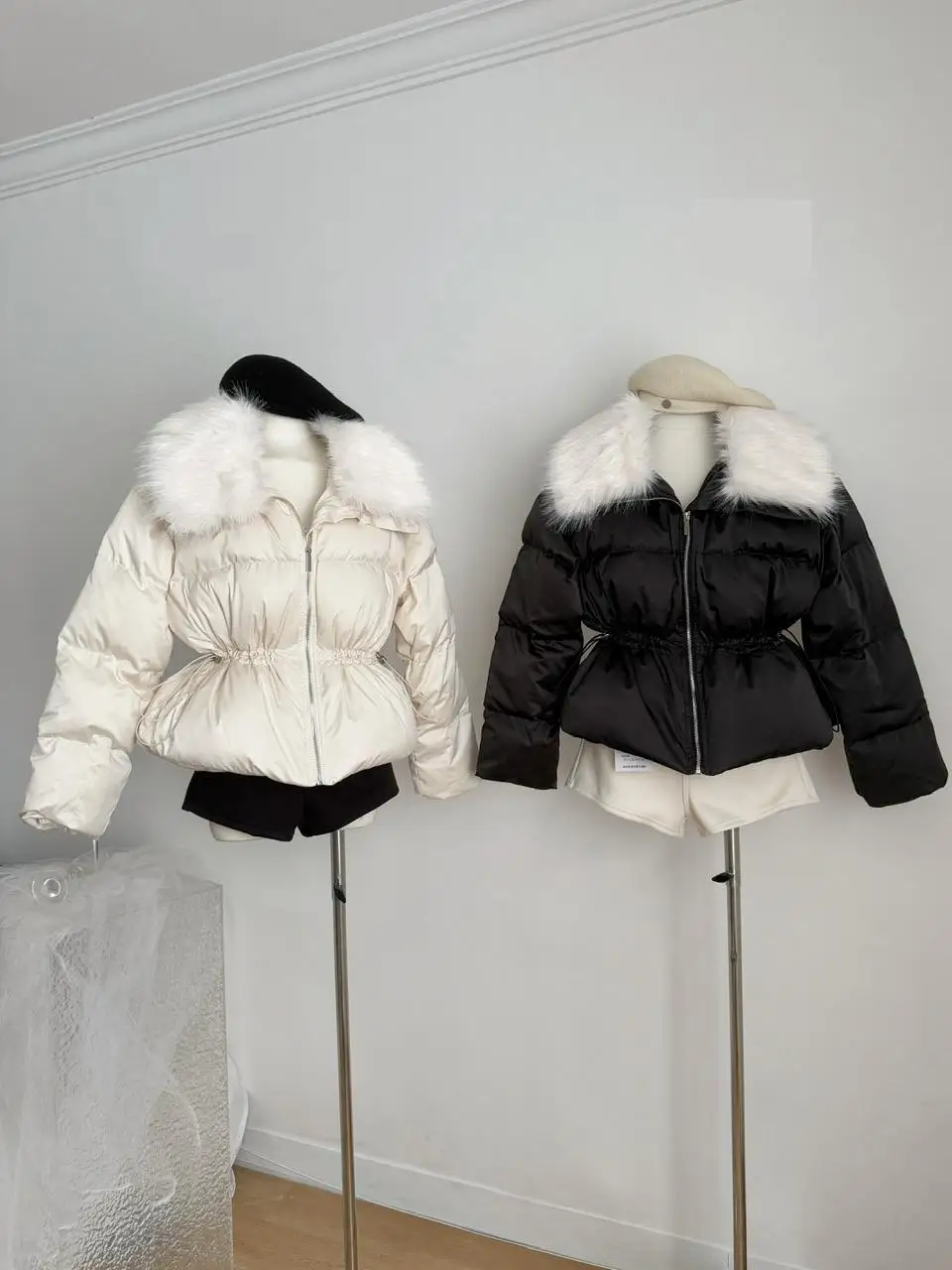 Dames herfst winter elegante nepbontkraag witte eend donsjack dame dikke warme lange mouwen trekkoord taille dons uitloper