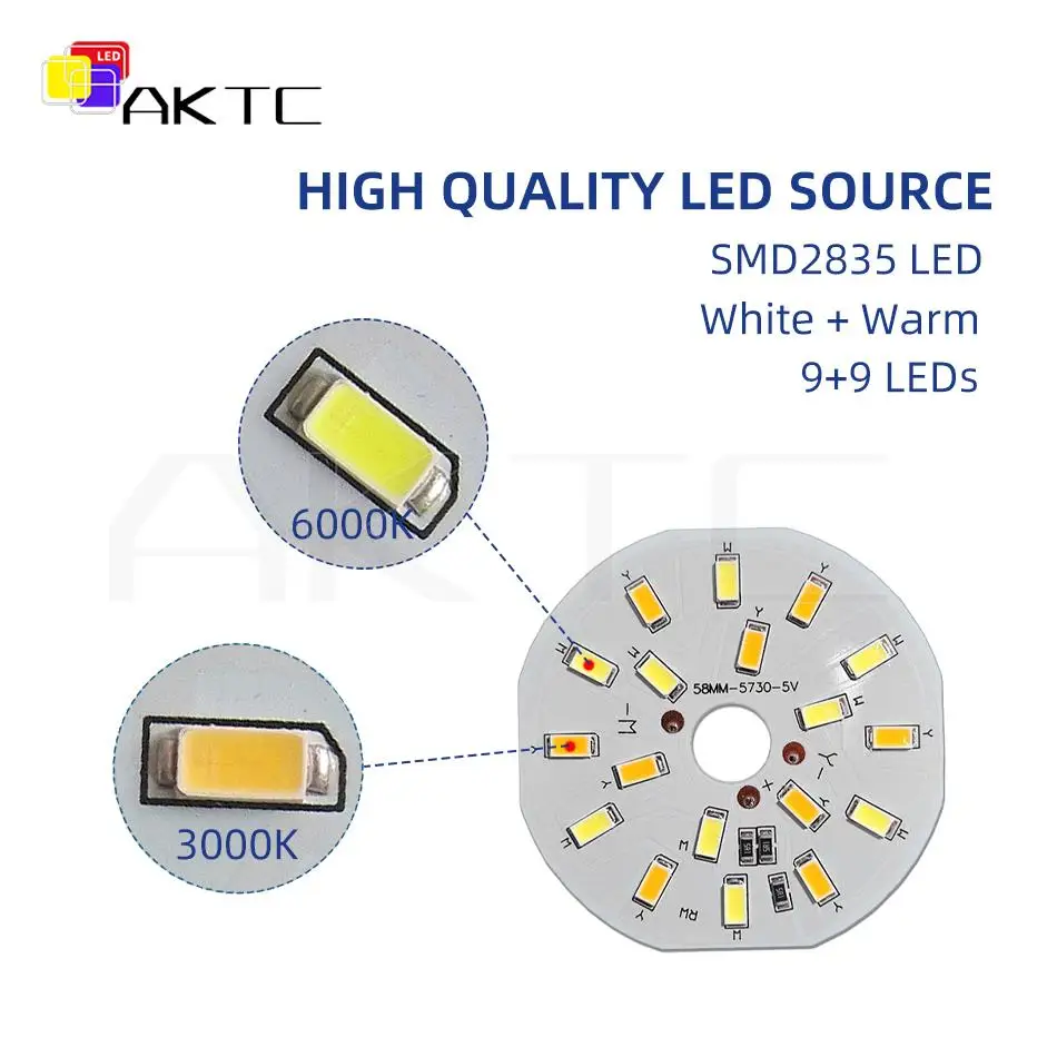 5-Pcs okrągłe LED podwójny kolor źródło światła DC 5V 12V 6W biały/ciepły niskonapięciowy SMD5730 lampa LED koralik aluminiowa płyta o średnicy 58mm