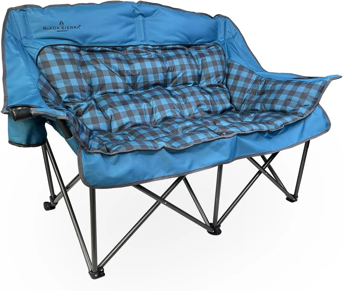 Plush Padded Camping Sofa, Portable Outdoor Loveseat Supports 500 Lbs, XL Foldup Couch w/Dual Cupholders and Carry Bag, Great fo