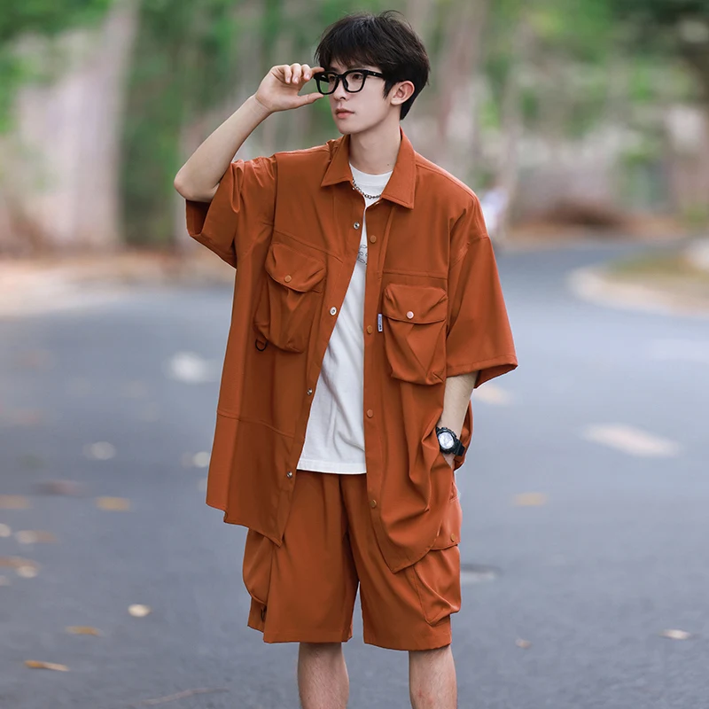 

Lapel Solid Color Shirts Summer Couple Set Tops Short Sleeve+Shorts 2piece Fashion Brand Split Sleeve Shirt Shorts Oversize Men