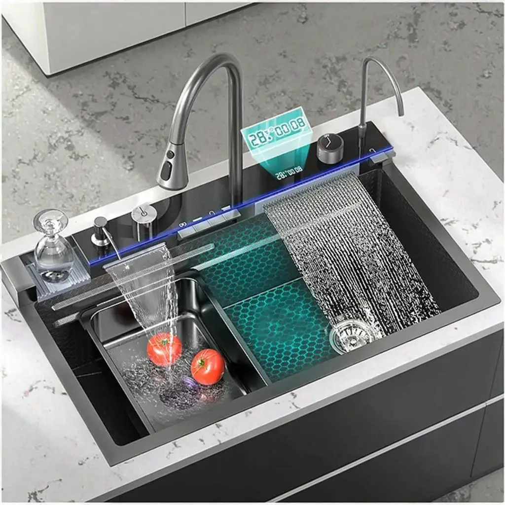 

Современная высококачественная кухонная мойка из нержавеющей стали с одной чашей, многофункциональный умный смеситель-водопад с цифровым дисплеем