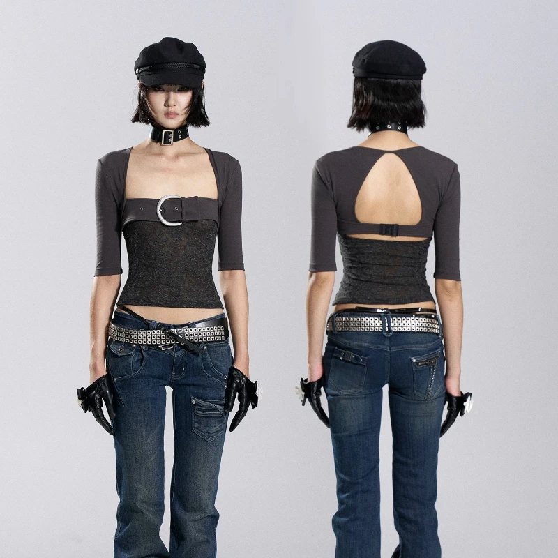 Floirds Market Elastic Knitted Patchwork Lace Mesh Square Collar Buckle Half Sleeve Hot Girls Sexy Top Shirt