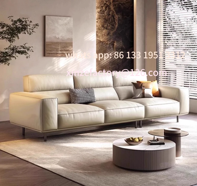 

Customizable new high backrest leather tofu sofa living room size apartment Italian straight row high foot first layer cowhide