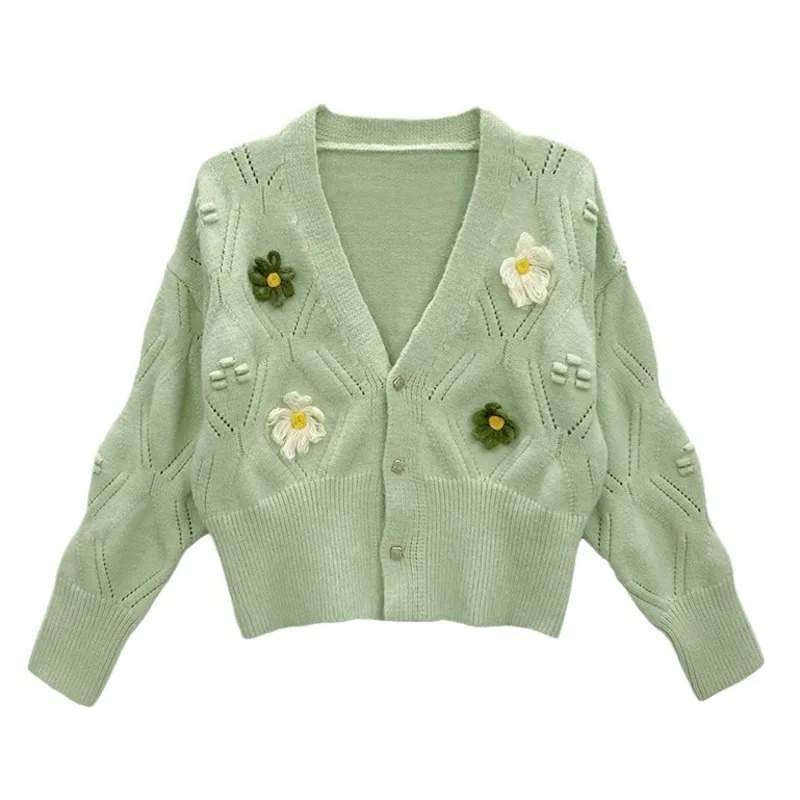 New In Autumn Winter Korean Fashion V Neck Floral Short Cardigan Women 2024 Long Sleeve Sweater Coats Flower Knit Tops Outerwear