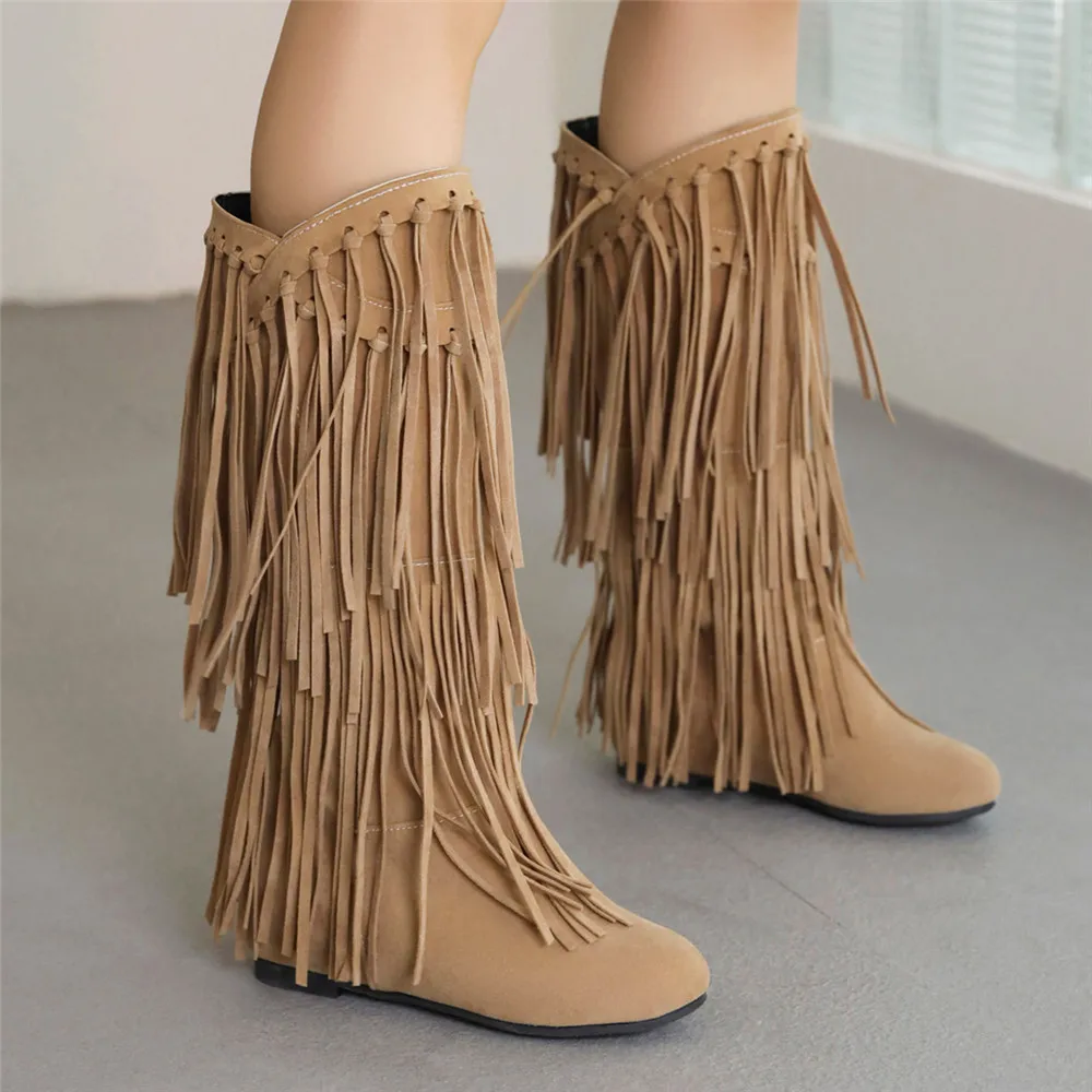 2024 Fashion Ethnic Woman Bohemian Flock Tassle Hidden Moccasin Mid-Calf Boots Fringe Female Slip On Shoes Autumn Winter New