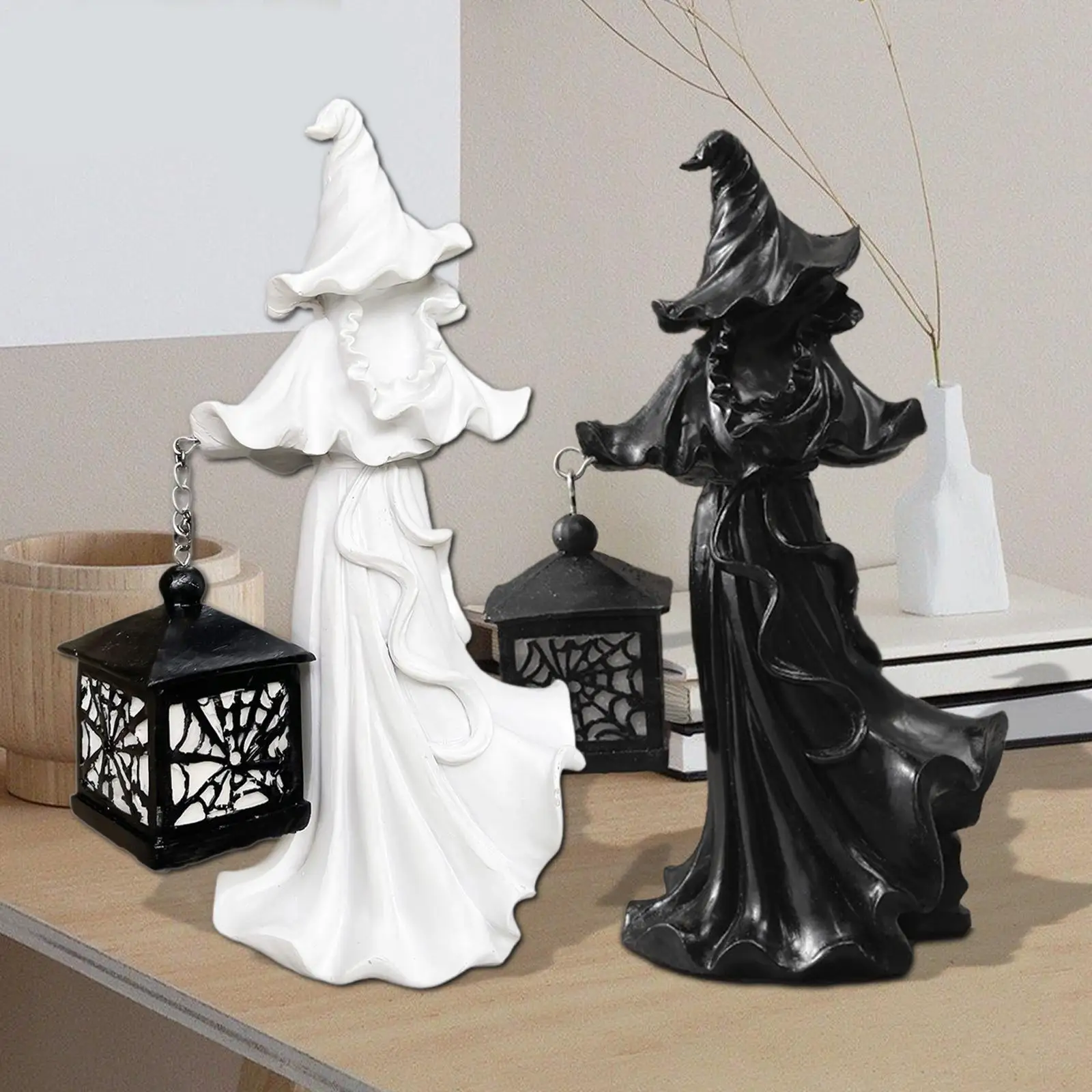 Witch with Lantern Statue Halloween Decoration Craft Hell with Lantern Ornament for Porch Clubs Themed Party Farmhouse Bookshelf