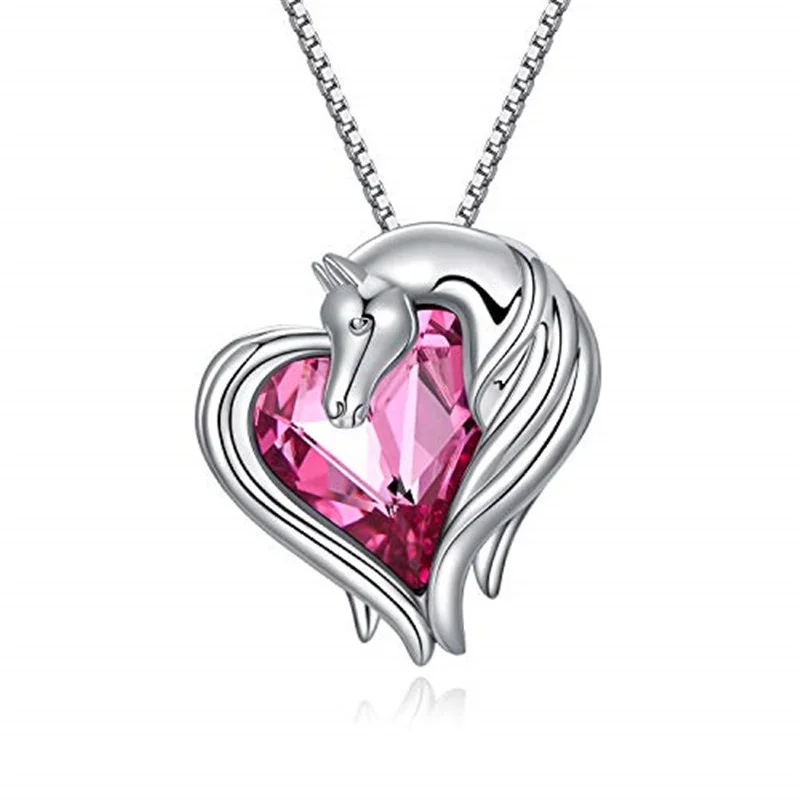 2 style Silver Horse in Heart Pendant Necklace Animal Jewelry Gift for Teen Girls Lovers Embellished with Crystals