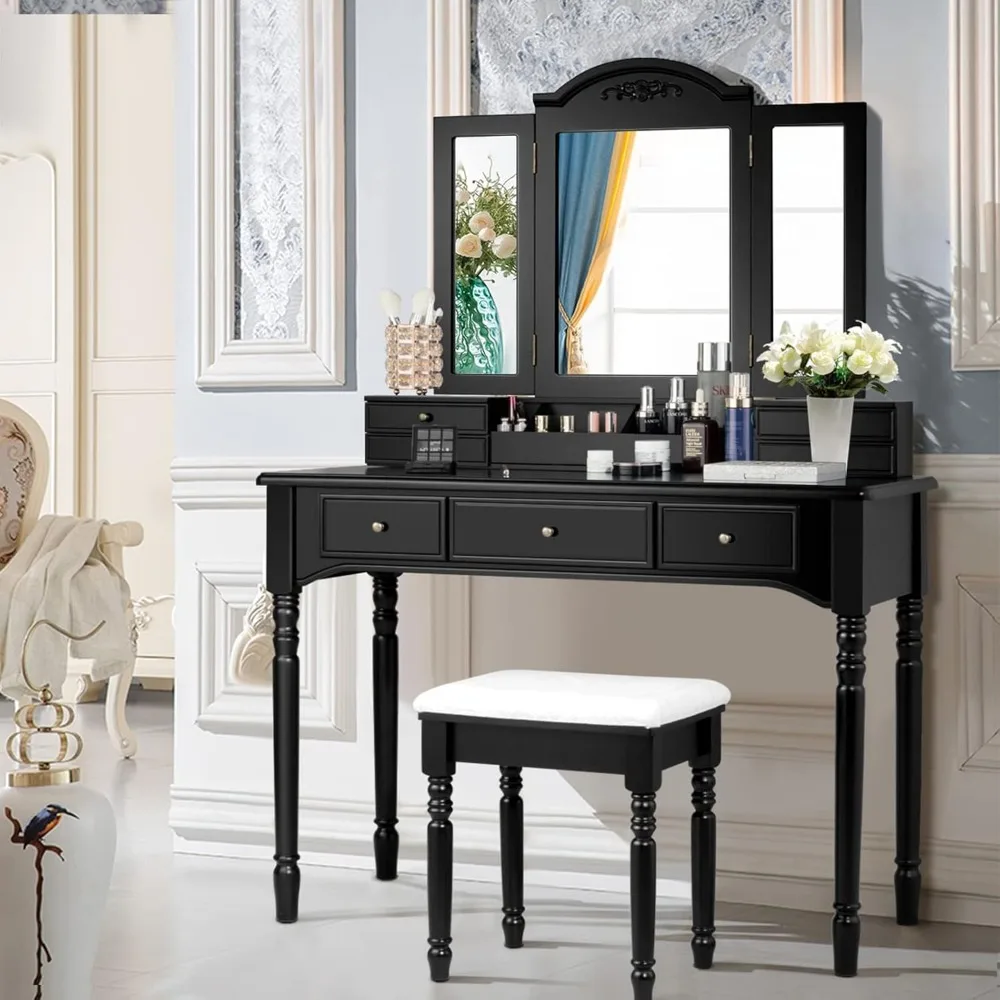 41.5'' Wide Vanity Desk, Tri-fold Mirror with 8 Necklace Hooks Backside, Bedroom Dressing Table Vanity Set with Stool