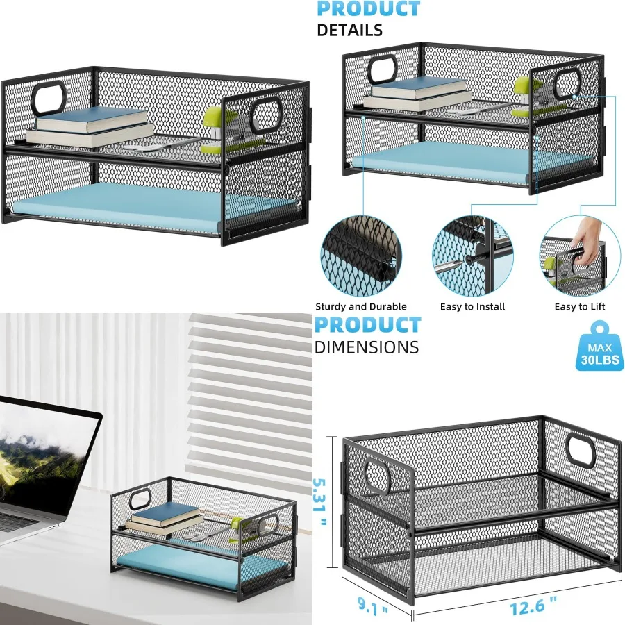 2 Tier Paper Organizer with Handle for Home Office Desk - Mesh File Organizer and Letter Tray for Efficient Document Sorting an