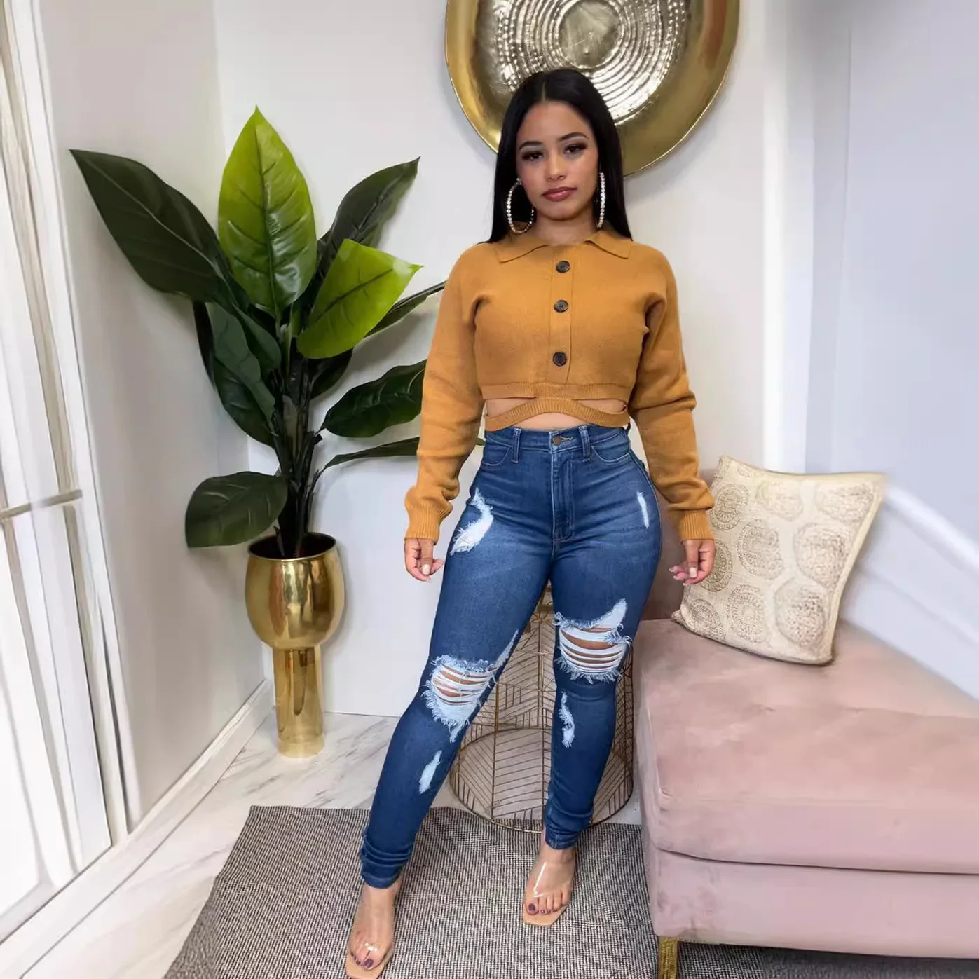 Women Jeans Hole Denim Pencil Pants Ripped Distressed Washed Stretch High Waist Straight Ankle Length Trousers  Streetwear