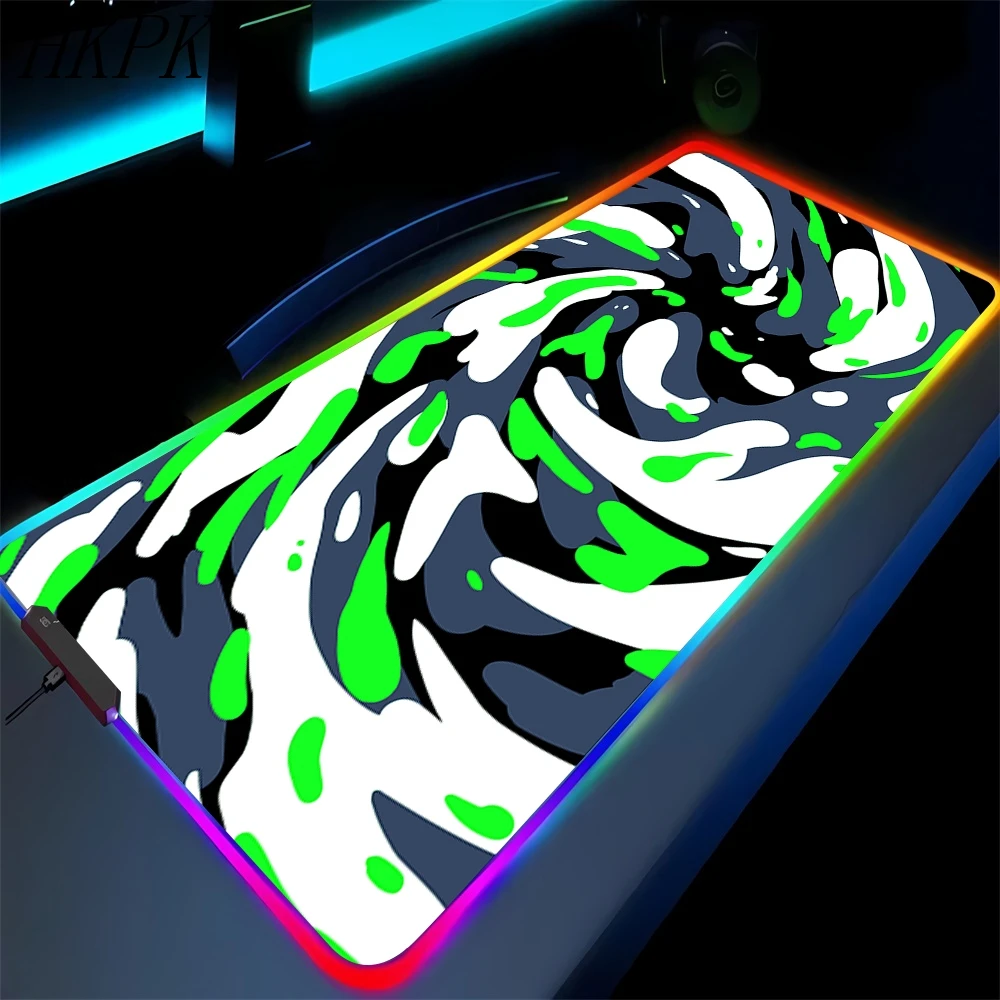 

RGB Gaming Mouse Mat Green & White Art Swirl Computer Deskmat XXL Gamer Speed With backlight Carpet Strata Liquid Big Mouse Pad