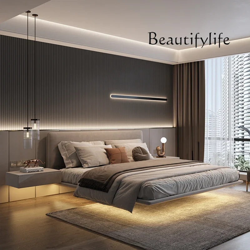 

BJ King Size Bedroom Suspended Bed Headboard Twin Wooden Technology Cloth Twin Double Bed Frames Lamp Cama Matrimonial Furniture