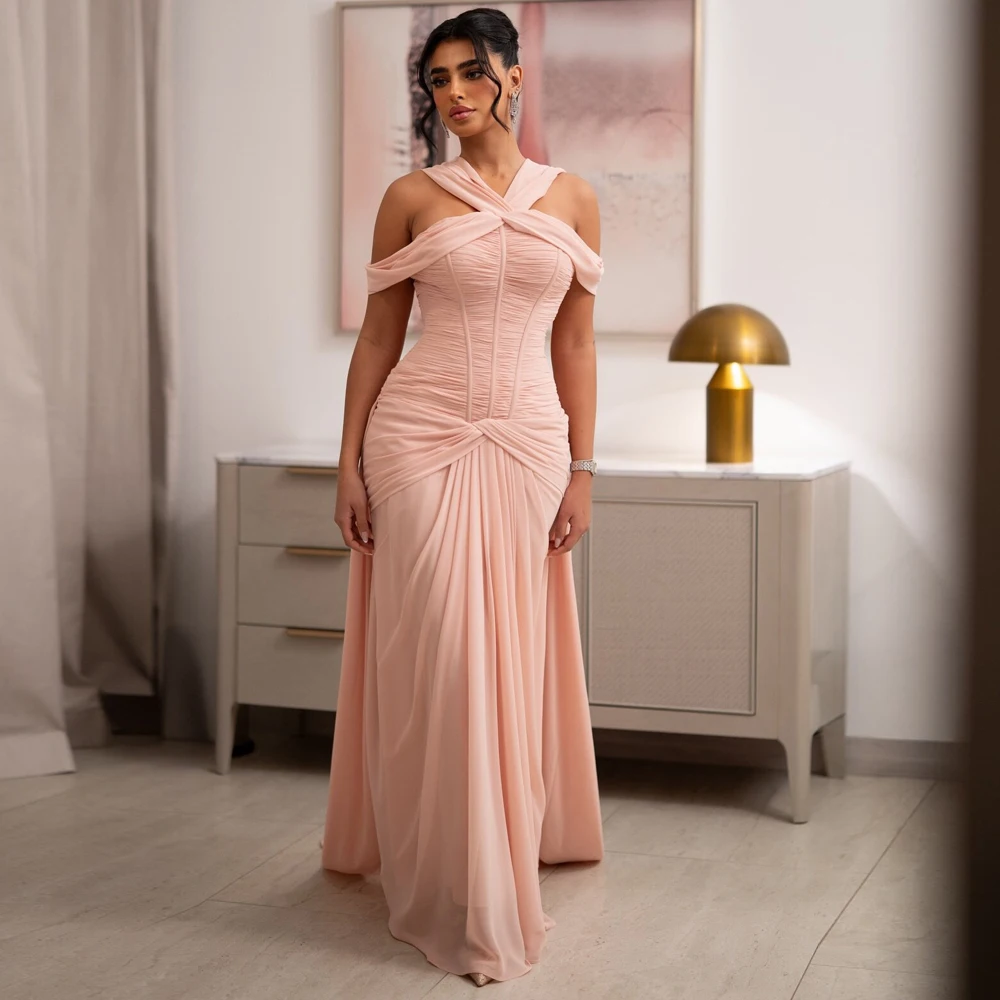 맞춤형 복숭아 핑크 인어 이브닝 드레스 2026 오프숄더 캡 슬리브 생일 드레스 주름진 인어 쉬폰 가운