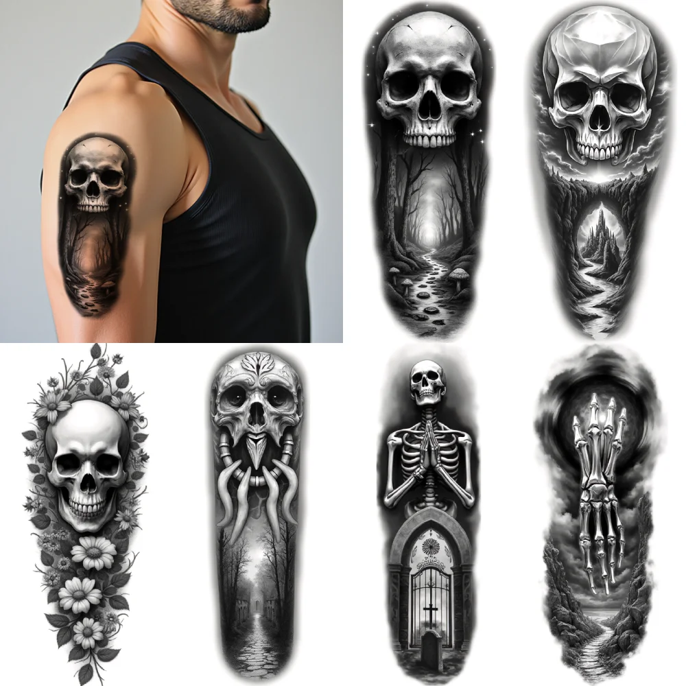 

3pcs Temporary Tattoo Skull With Stars Waterproof Long-lasting Body Stickers Skull With Tentacles Skull With Landscape For