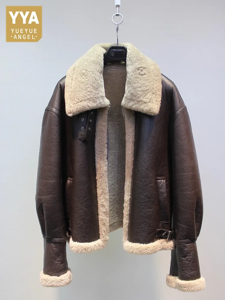 Winter Women Moto Biker Style Natural Shearling Overcoat Sheepskin Genuine Leather Real Wool Jacket Warm Sheep Fur Lining Coat