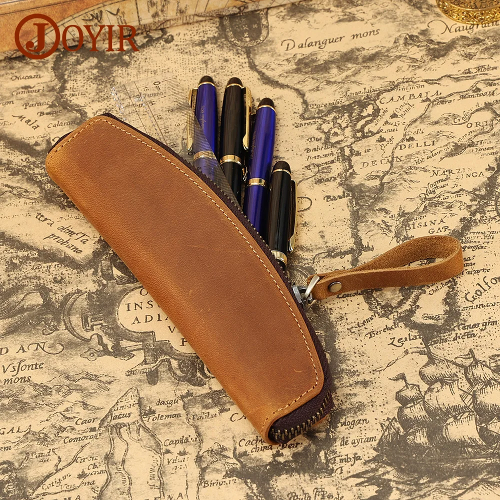 JOYIR Genuine Cowhide Leather Pen Case Pencil Bag Retro Simple Holder Handmade Storage Bag Zipper Pencil Pouch School Supply