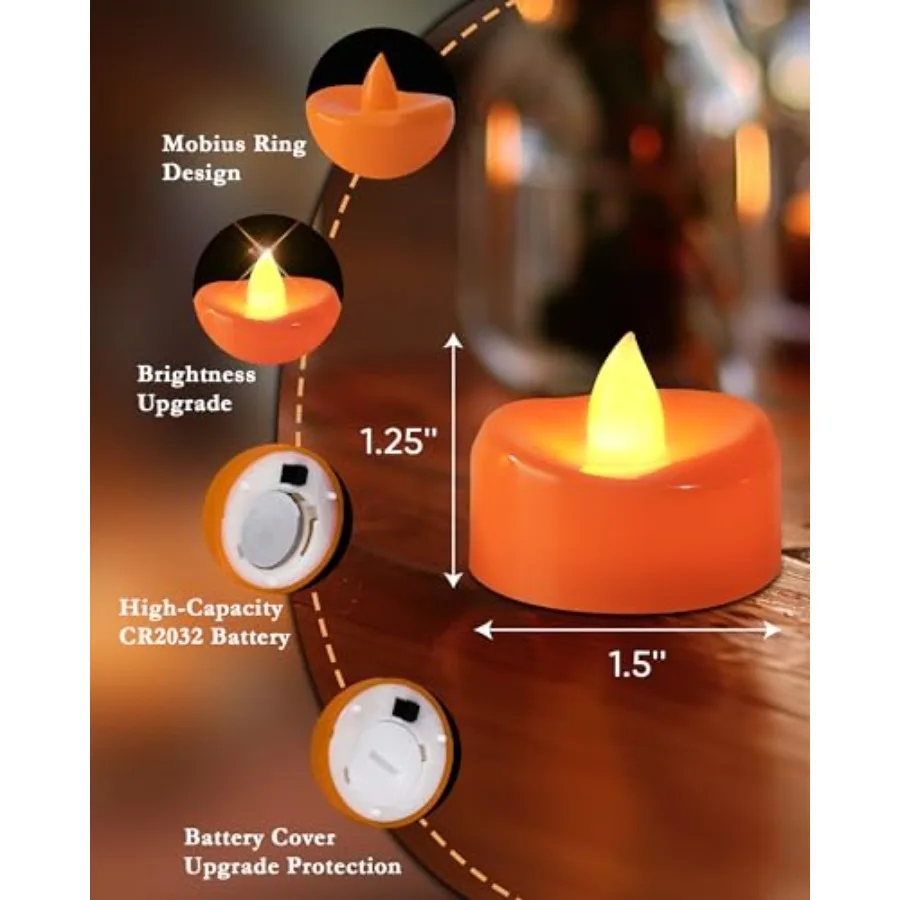 Halloween Flameless Candles, 12-Pack Orange Tea Lights Candles Battery Operated, LED Pumpkin Lights Flickering, Fake Tealight view 2