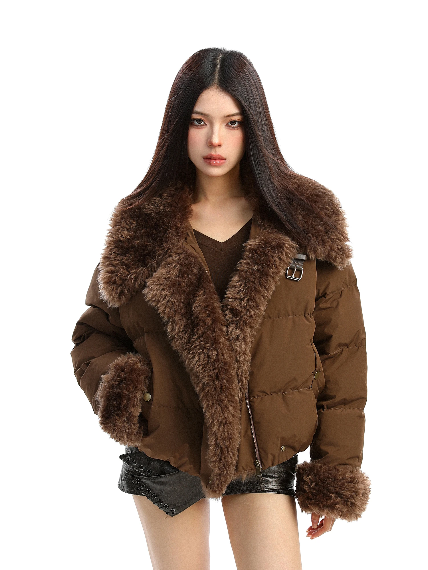 

Утепленная зимняя хлопковая куртка Biggold для женщин, свободный крой, с меховым отложным воротником, в корейском стиле, с длинными рукавами, на молнии