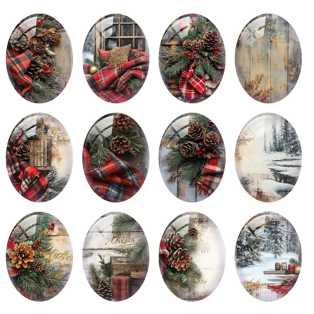 

10pcs/lot Christmas X-mas Tree Winter Pinecone Red Green Plaid Oval Photo Glass Cabochon Flatback Demo Cameo Diy Jewelry Making