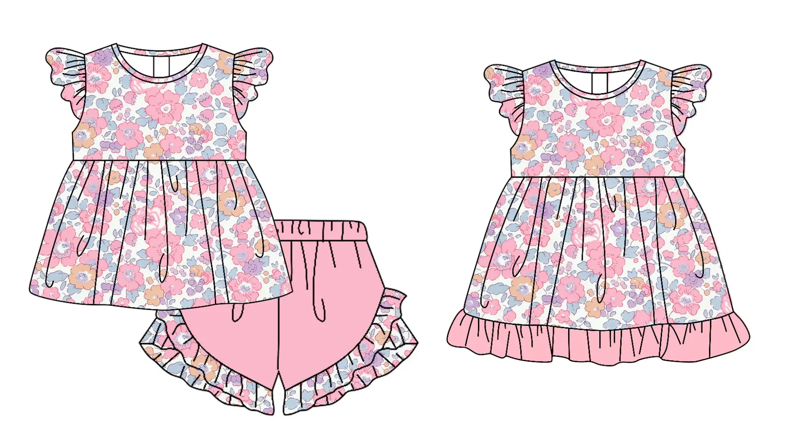 Girls Summer Clothing Pink Floral Print Top With Flutter Sleeves and Matching Shorts Boutique Set