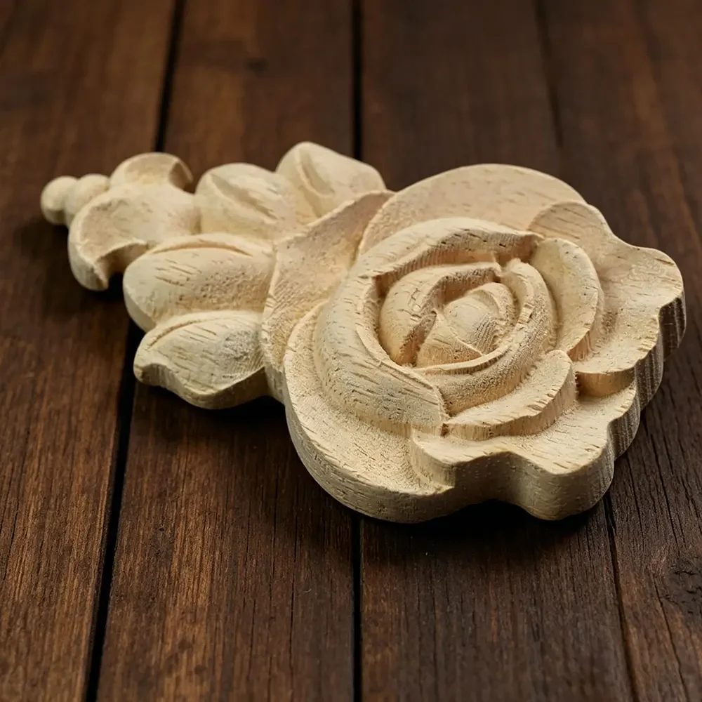 4PCS Flower Wood Carving Wood Appliques Furniture Cabinet Unpainted Wooden Miniatures Mouldings Decal Decorative Figurines