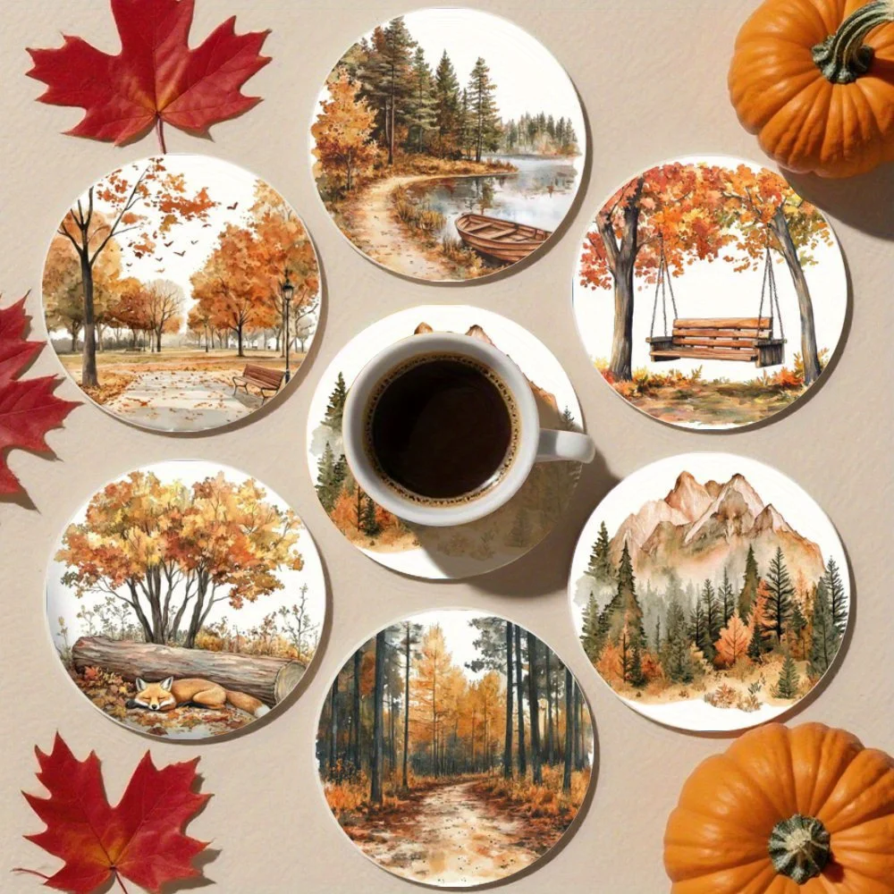 2D Warm Autumn Leaf Scene Wooden Coaster Desktop Protection Restaurants Bars Coffee Shops Offices Home Decor Housewarming Gift