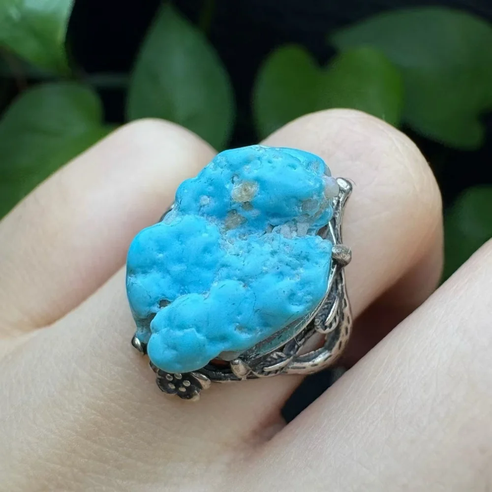 S925 Natural Kallaite Big Beads Ring Crystal Polishing Aura Jewelry Trendy Creative Women Party Gift Fashion Holiday Gift