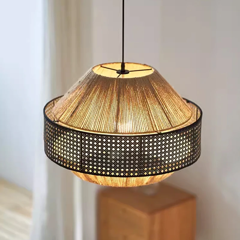 Japanese Wabi Sabi Rattan Pendant Lights Vintage Hemp Rope Handmade Hanging Lamp Kitchen Living Room Decor Suspension Luminaire