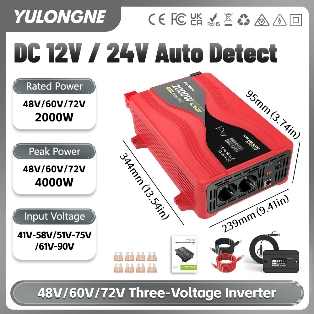 4000W Peak Pure Sine Wave Inverter 48V 60V 72V DC to AC 230V Voltage Converter Remote Control for Car RV Solar Power Supply