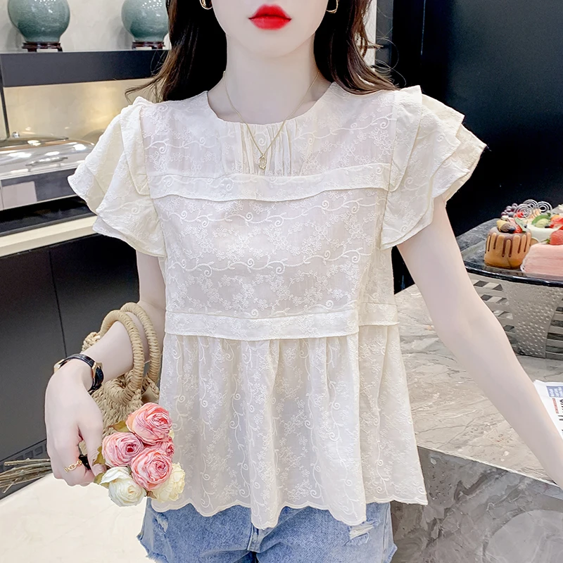 Koreaanse stijl schattig fluttermouwen borduurwerk ruches blouses zomer beige kaki roze kanten shirts top elegante dames