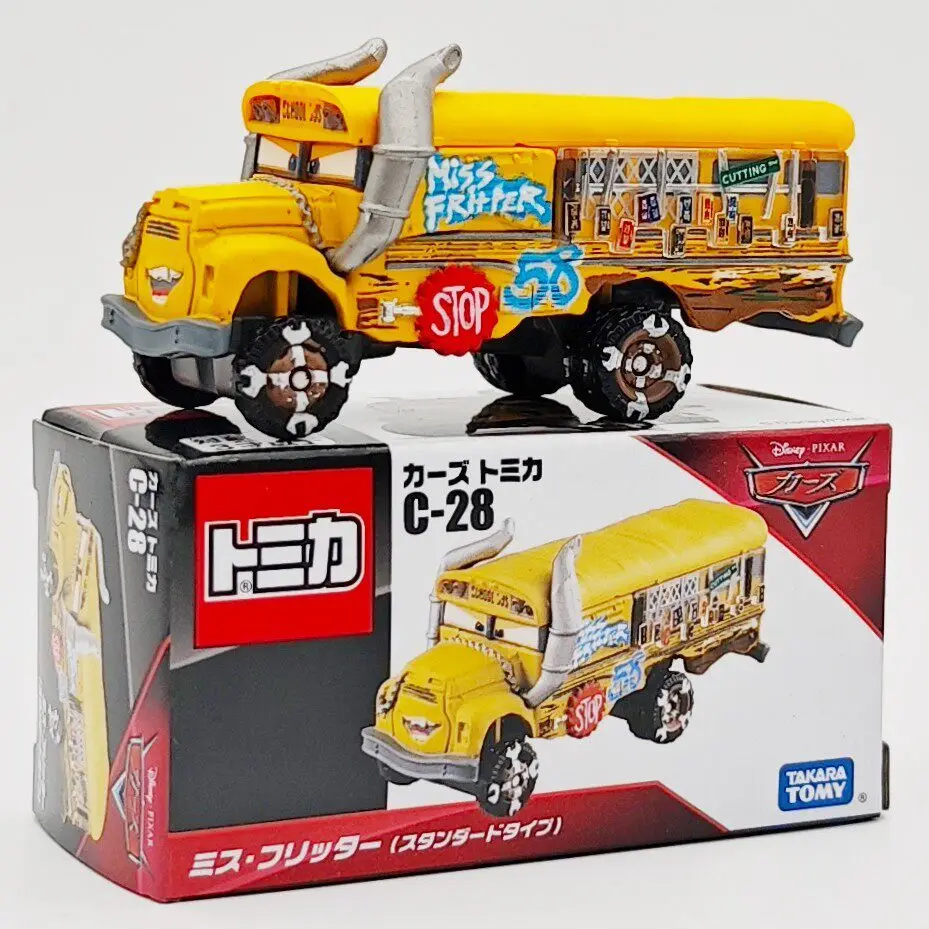 Takara Tomy Cars C-28 Miss Fritter Crazy School Bus Diecast Alloy Car Cartoon Vehicle Model Hobby Collectible Gift Toy