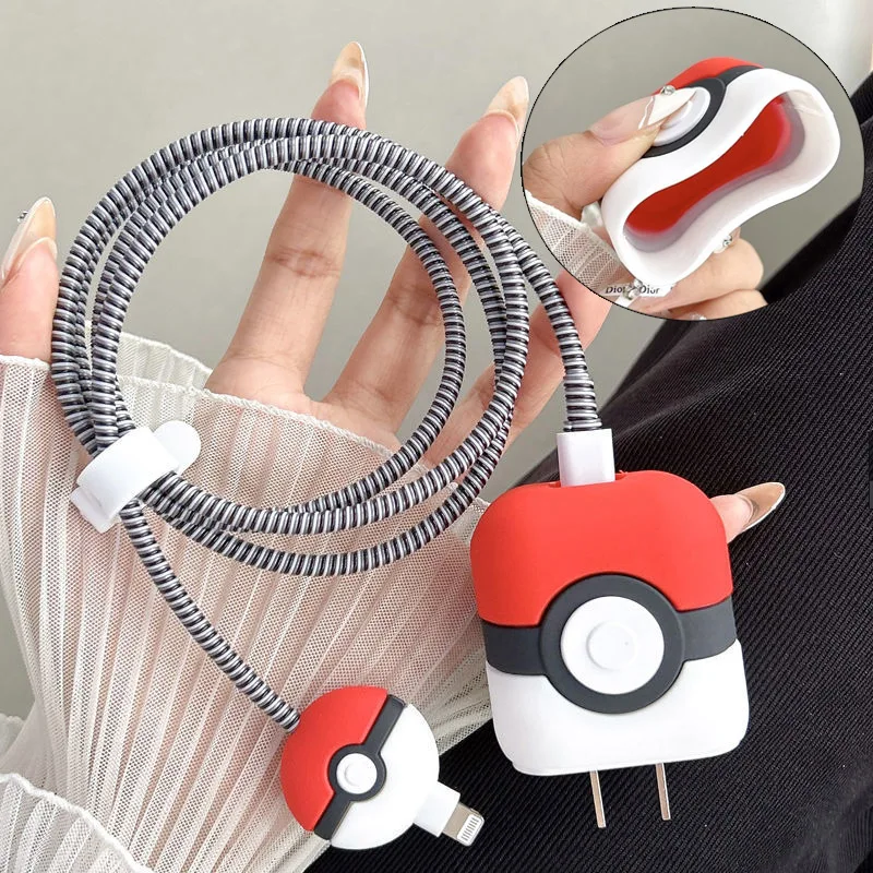 Pokemon Pokeball Case for Apple 18w/20w Charger Protective Case Cute Charger Cable Protector for Iphone 15 14 13 USB Data Sleeve