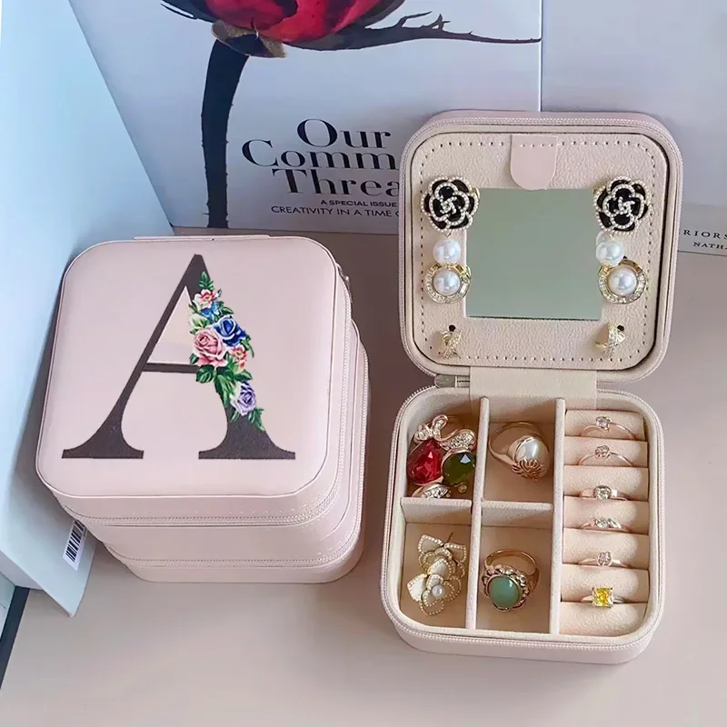 Portable Mirror PU Printing Letter Storage Box Earring Ring Jewelry Box Wholesale Packaging Box Elegant Design For Earrings And 