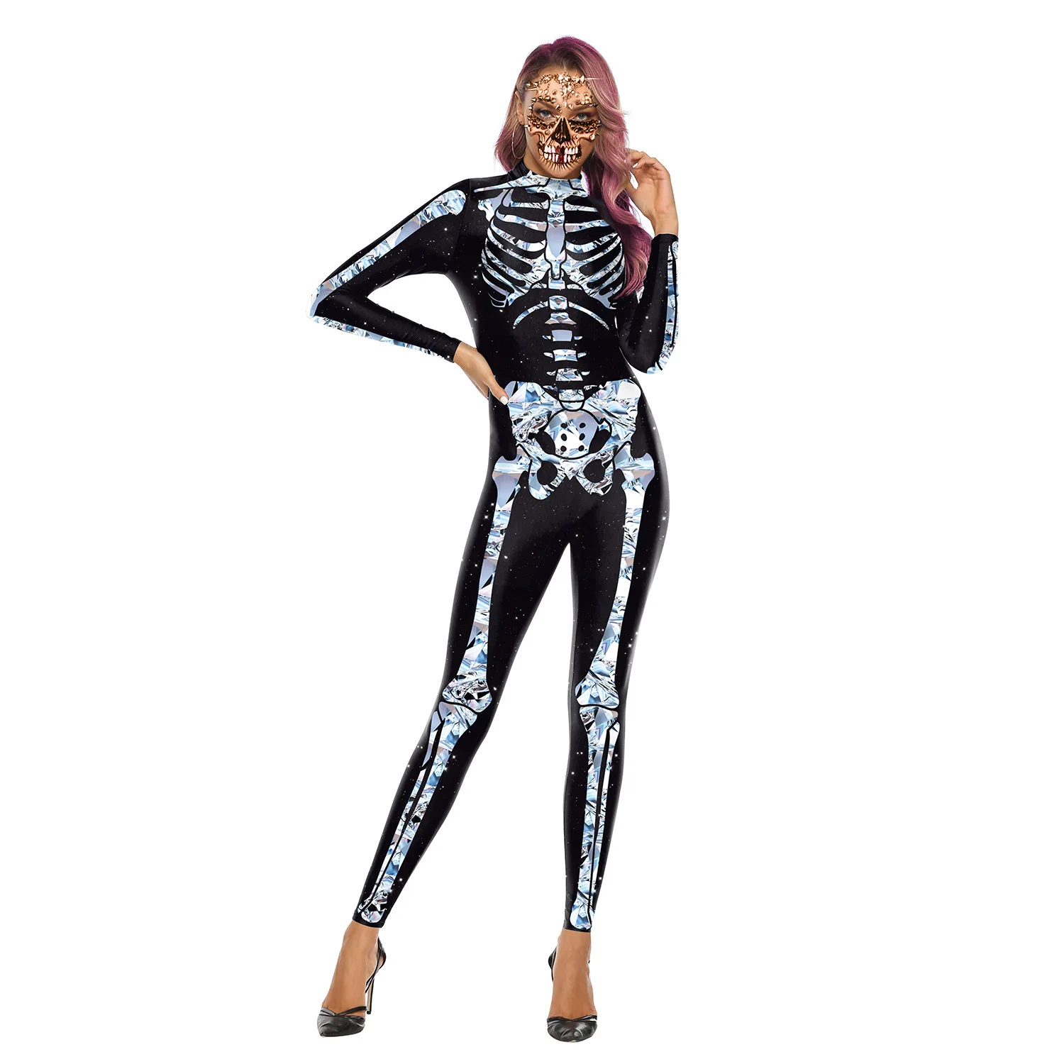 Women Men 3D Skull Frame Print Jumpsuit Bodysuit Unisex Halloween Adult Party Dress Up Show Costume Sexy Zentai Tracksuit