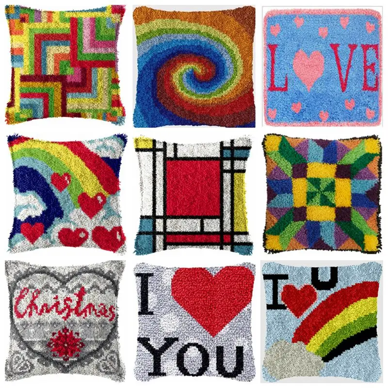 

LOVE Pattern Cushion Smyrna Button Package Rainbow Heart Latch Hook Throw Embroidery Pillow Foamiran For Needlework Pillow DIY