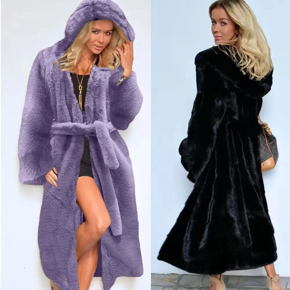 Casacos de pele do falso feminino casaco longo com capuz grosso quente y2k streetwear elegante emenda cintura alta outerwear outono inverno