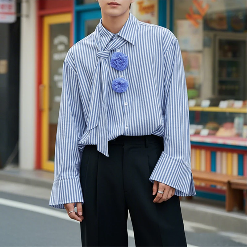 INCERUN Men Shirt Striped Flower Decoration Lapel Long Sleeve Men Clothing With Tie Streetwear Fashion Casual Tops Male Shirts
