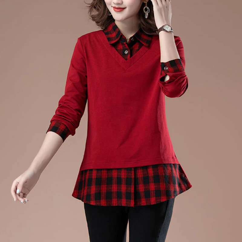 New Korean Plaid Patchwork Pullover Basic Tunic Ladies Tops Autumn Casual Slim Long Sleeve Elegant Cotton T Shirt Women Clothing